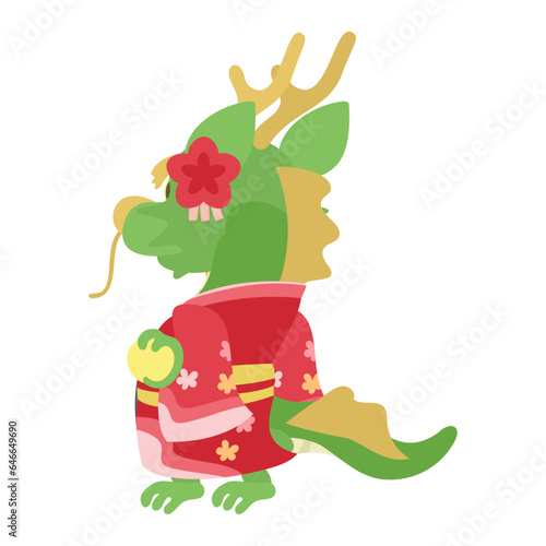 着物を着た龍の斜め後ろ姿。フラットなベクターイラスト。
A dragon in a kimono with a diagonal view from behind. Flat designed vector illustration.