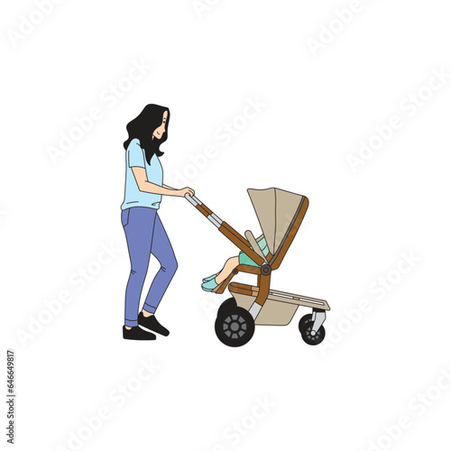 a mother pushing her baby with a trolley