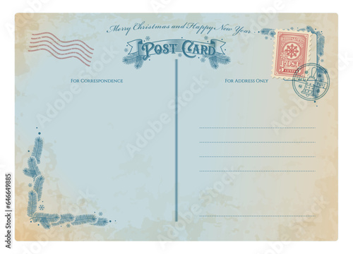 Christmas antique postcard, retro postage stamp on vintage mail. Winter holiday correspondence vintage postcard template, Christmas greeting vector letter or New Year celebration invitation card frame