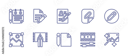 Edit line icon set. Editable stroke. Vector illustration. Containing notes, file, curriculum vitae, paper, edit, image, video editing, writing, video edition.