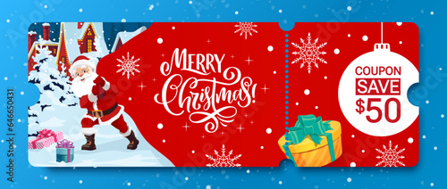Christmas voucher with coupon, vector Xmas ticket template, sale, discount gift card or certificate with cartoon Santa Claus pull huge bag with presents. Holiday cheque for seasonal promotional events