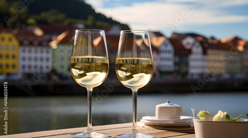 Two glasses of white wine set against the backdrop of a scenic Scandinavian town, where tranquility meets charm, creating a harmony of relaxation © AspctStyle
