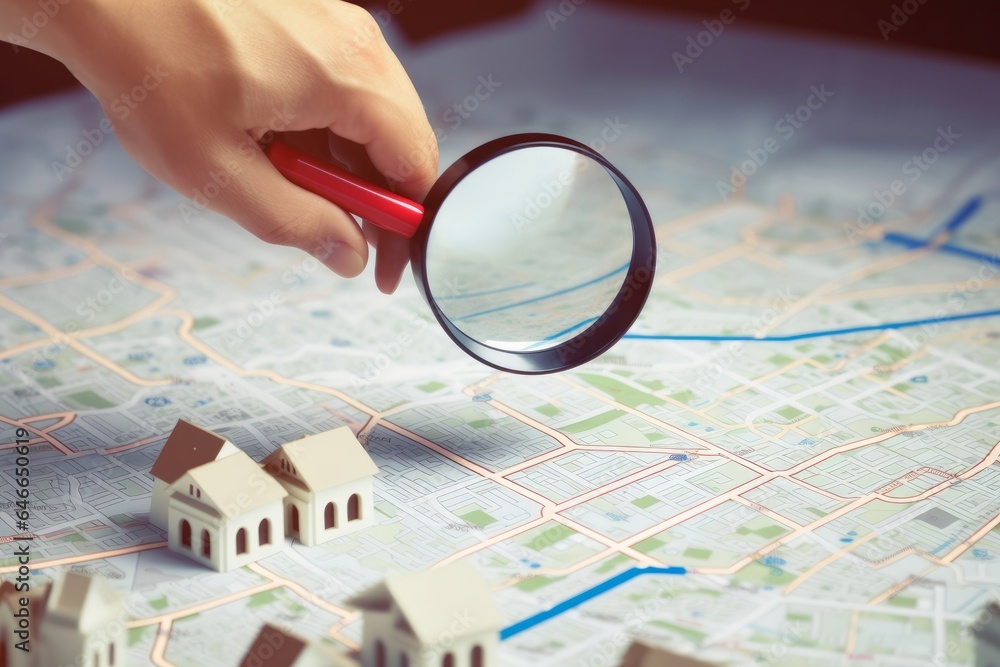 Obraz na płótnie Man holding magnifier on cadastre map search for assesses to buy the land lands. real estate concept with vacant land for building construction and housing subdivision for sale, rent, Generative AI w salonie