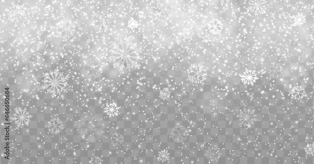 Winter snow fall effect overlay, christmas snowfall, holiday snowy background, snowflakes creating a festive xmas magic atmosphere. Isolated realistic 3d vector enchanting snowy wonderland weather