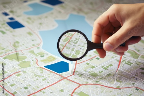 Man holding magnifier on cadastre map search for assesses to buy the land lands. real estate concept with vacant land for building construction and housing subdivision for sale, rent, Generative AI photo