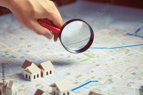 Man holding magnifier on cadastre map search for assesses to buy the land lands. real estate concept with vacant land for building construction and housing subdivision for sale, rent, Generative AI photo