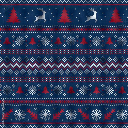 Christmas blue sweater pattern. Xmas, winter holiday knit ornament wallpaper or vector backdrop. New Year or Christmas handmade embroidery print, ugly sweater background with snowflakes and reindeers