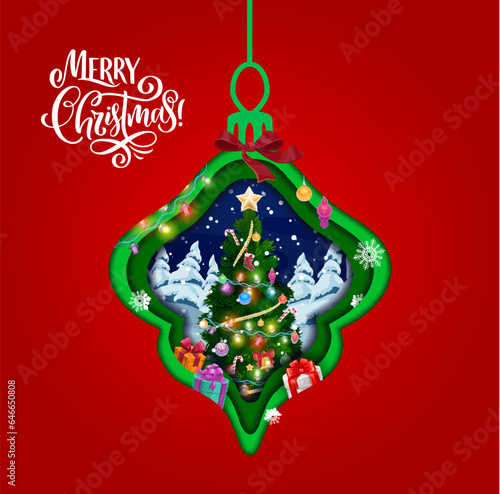 Double exposition Christmas paper cut, holiday bauble with pine tree, vector greeting card. Merry Christmas in paper cut with Santa winter gifts and Xmas tree decorations on paper layers background