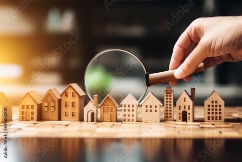 Hand holding magnifying glass and looking at house model, house selection, real estate concept, Generative AI photo