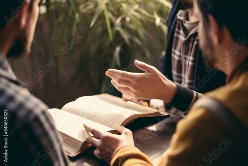 Male reading the Holy Bible by pointing to the character and sharing the gospel with a friend. Holy Bible study reading together in Sunday school.Studying the Word Of God With, Generative AI photo