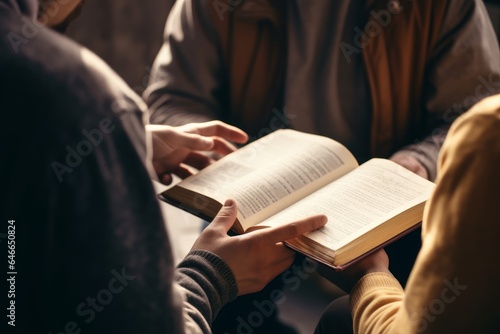 Male reading the Holy Bible by pointing to the character and sharing the gospel with a friend. Holy Bible study reading together in Sunday school.Studying the Word Of God With, Generative AI photo