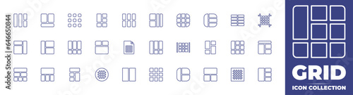 Grid line icon collection. Editable stroke. Vector illustration. Containing grid lines, list, grid, bars, layout, right, left sign, sitemap, framework, pieces, sheet, and more.