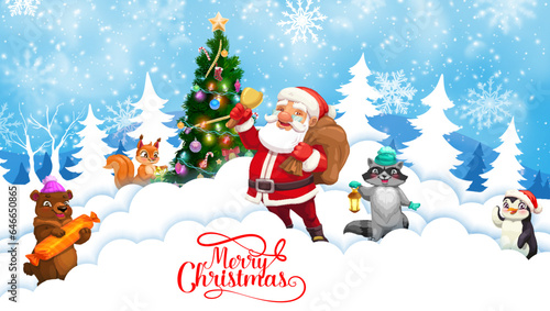 Christmas paper cut snow waves, Santa with bell and cute cartoon animals. Christmas, New Year banner, paper cut vector wallpaper, winter holiday background with cute Santa, bear, squirrel and penguin