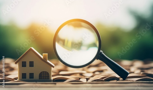 Magnifying glass for looking at house model, house selection, real estate concept, Generative AI photo