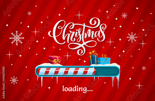 Christmas loading bar with candy cane slider, gifts on snow and lettering. Vector Xmas load countdown indication with sense of winter holiday anticipation on red background with falling snowflakes