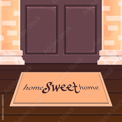 Door welcome mat, entrance doormat or carpet. Sweet home inscription vector front door mat. Cartoon rug laying on wood floor of porch or entryway near closed brown door, doorstep and old brick walls