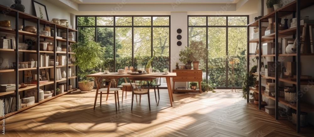 Large, well-lit room with a big window and a wooden table accompanied by chairs, situated on a hardwood floor adjacent to shelves displaying souvenirs. Large, well-lit room with a big window and a wooden table accompanied by chairs, situated on a hardwood floor adjacent to shelves displaying souvenirs.