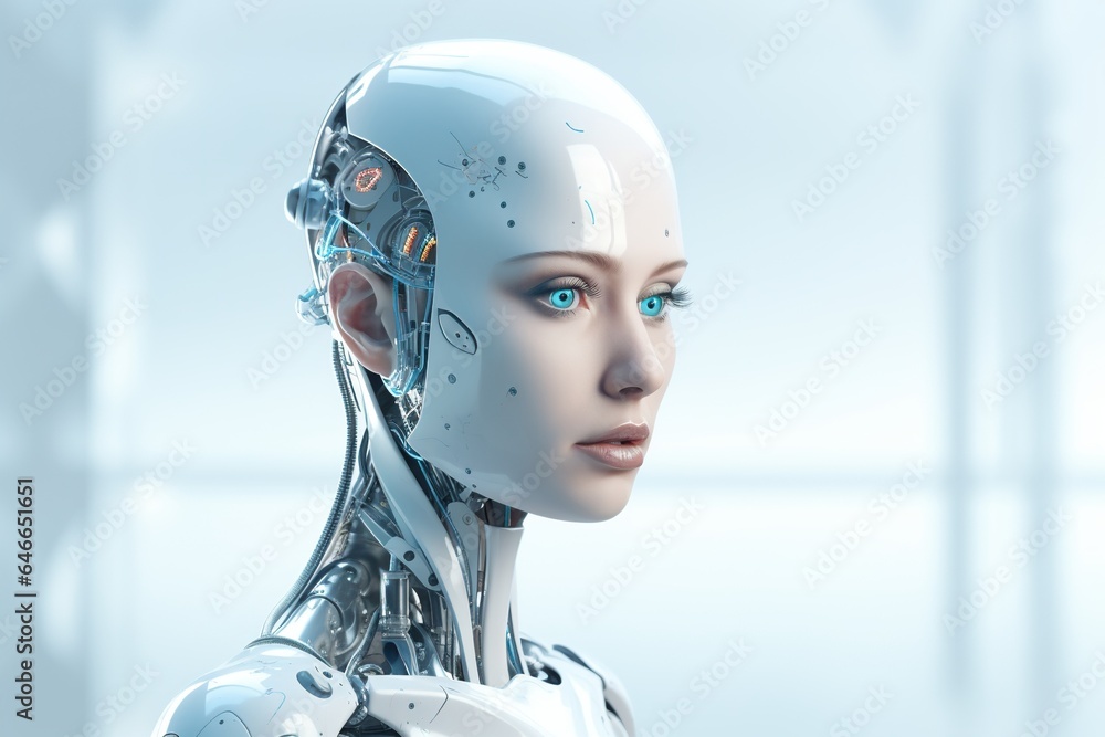 Portrait of a robot in a white futuristic interior,Artificial intelligence concept.Generative Ai Portrait of a robot in a white futuristic interior,Artificial intelligence concept.Generative Ai