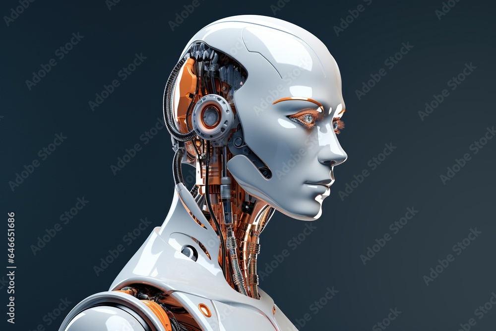 Portrait of a robot in a white futuristic interior,Artificial intelligence concept.Generative Ai Portrait of a robot in a white futuristic interior,Artificial intelligence concept.Generative Ai