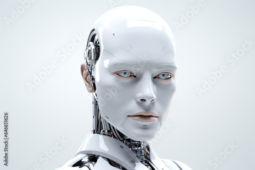 Portrait of a robot in a white futuristic interior Artificial intelligence concept.Generative Ai