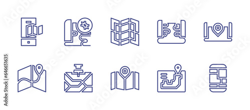 Map line icon set. Editable stroke. Vector illustration. Containing map, map pin, game map.