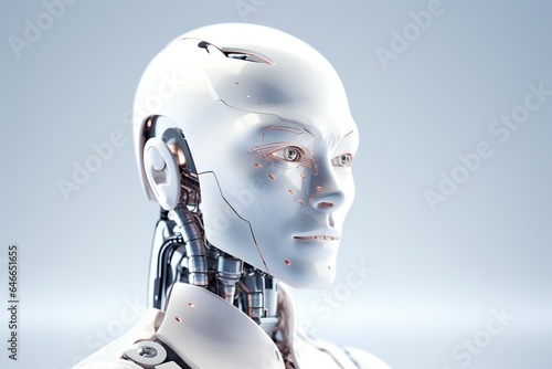 Portrait of a robot in a white futuristic interior,Artificial intelligence concept.Generative Ai