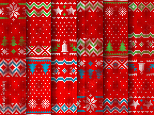 Winter Christmas sweater knit pattern textures. Vector Xmas holiday knitted ornament, red, white and green Christmas trees, snow, bells, snowflakes and geometric shapes. Ugly sweater or jumper pattern
