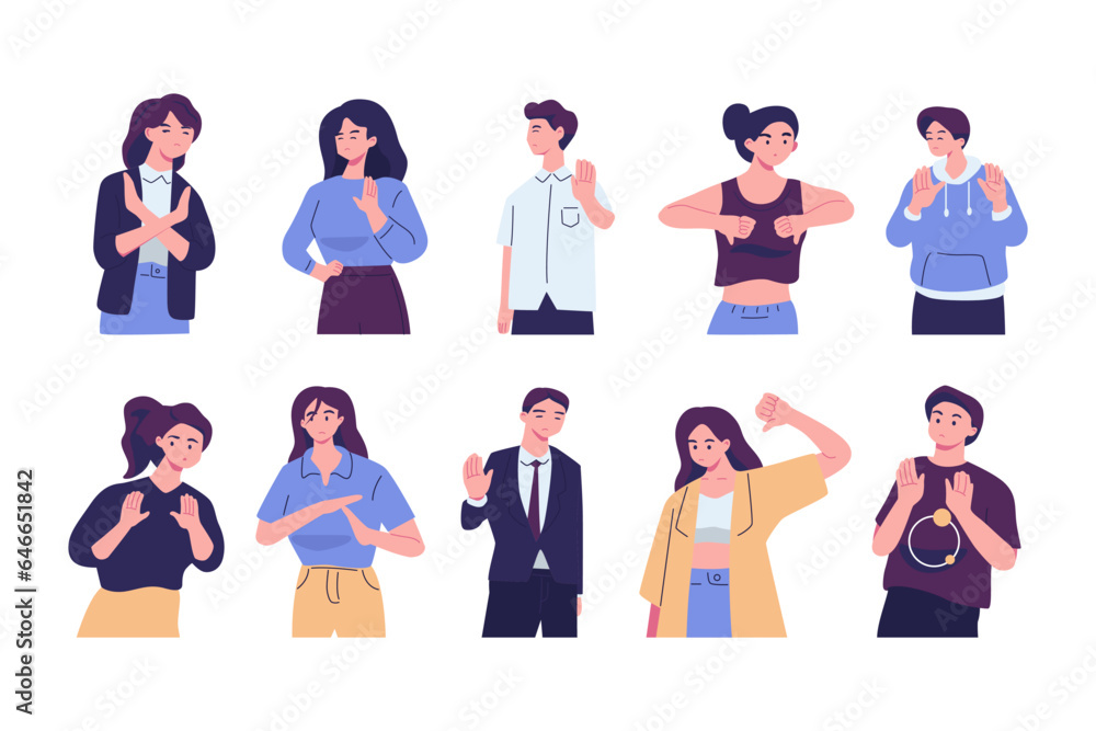 Negative gestures flat vector illustrations set. Finger language, non verbal communication. People disagree and rejection signs isolated pack on white background. Sign language, emotions expression. Negative gestures flat vector illustrations set. Finger language, non verbal communication. People disagree and rejection signs isolated pack on white background. Sign language, emotions expression.