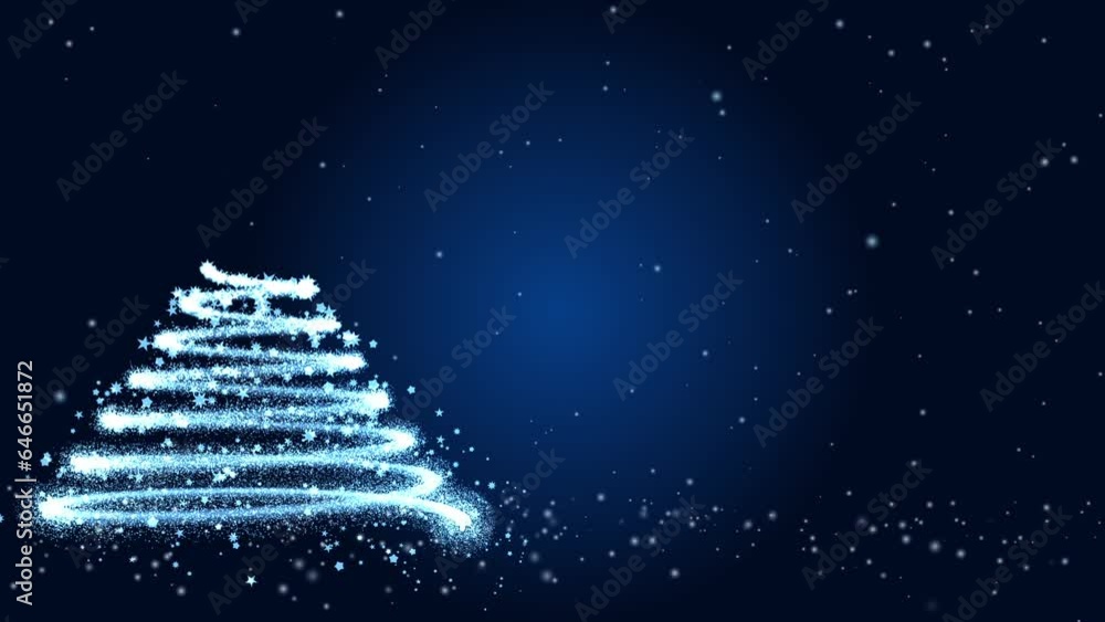 Glowing Blue Christmas Tree Animation, Magic Particles, Copy Space
