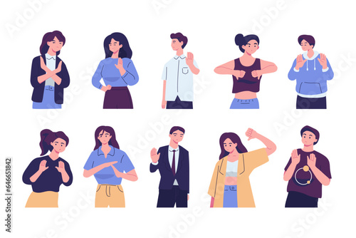 Negative gestures flat vector illustrations set. Finger language, non verbal communication. People disagree and rejection signs isolated pack on white background. Sign language, emotions expression.