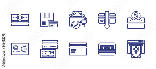 Payment line icon set. Editable stroke. Vector illustration. Containing credit card, payment method, atm card, donate, tuition, money, box, contactless.