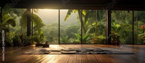 Fototapeta Naklejka Na Ścianę i Meble -  Tropical yoga studio with jungle view.
