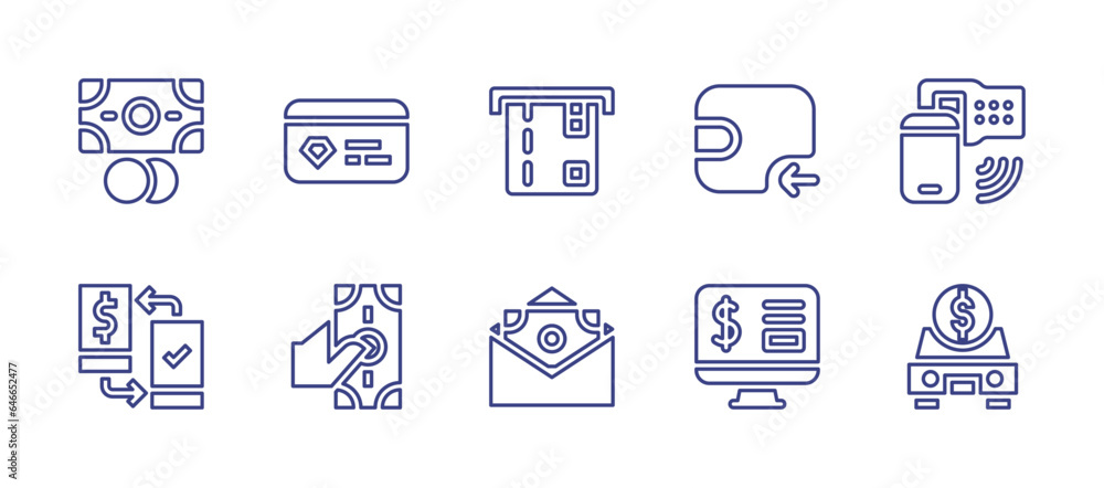 Payment line icon set. Editable stroke. Vector illustration. Containing wallet, contactless, computer, car, online transfer, credit card, pay day, money.