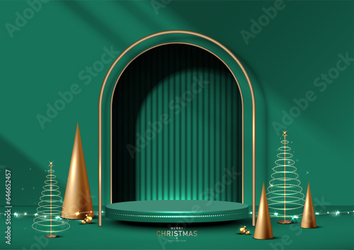 Abstract Green Christmas room background with Stage podium for product display decorated with elements decorative festive. Vector illustration.