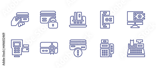 Payment line icon set. Editable stroke. Vector illustration. Containing ecommerce, online banking, mobile banking, error, pos terminal, credit card, point of service, gift card, cash register.