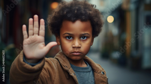 7-year-old boy showing stop gesture. Prohibition symbol.