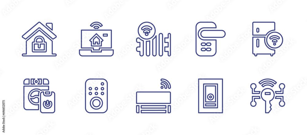 Smart house line icon set. Editable stroke. Vector illustration. Containing smart door, smart refrigerator, water heater, air conditioner, smart switch, key, security, laptop, washing machine, remote.
