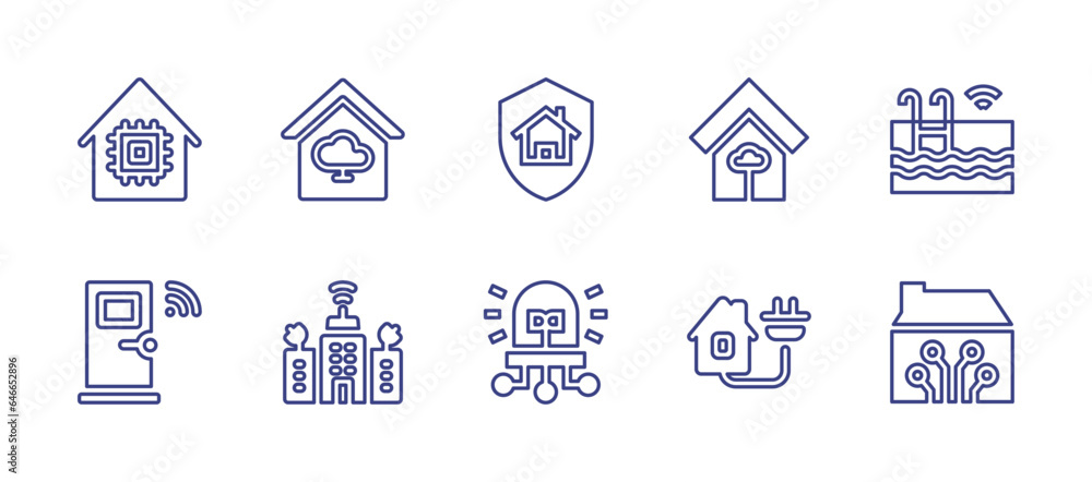Smart house line icon set. Editable stroke. Vector illustration. Containing shield, smart house, smart home, swimming pool, smart door, smart city.