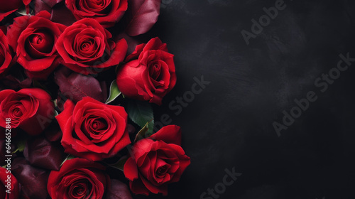 Red roses mock up banner on black desktop background. Top view