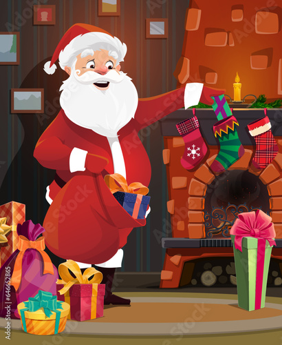 Santa near the fireplace puts gifts to Christmas stockings, winter xmas holiday interior. Vector eve night scene with Father Noel delivering presents into the hanging socks at decorated living room