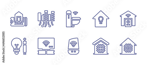 Smart house line icon set. Editable stroke. Vector illustration. Containing toilet, smart speaker, smart home, smart house, smart city, smart light, smart tv.