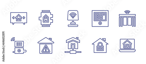Smart house line icon set. Editable stroke. Vector illustration. Containing smart tv, smart watch, smart light, smart speaker, home, home automation, temperature, curtains, security, menu.