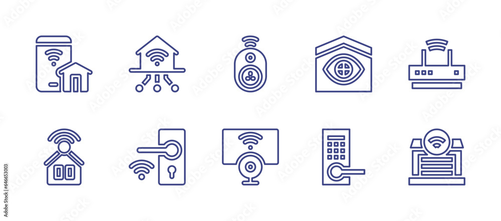 Smart house line icon set. Editable stroke. Vector illustration. Containing smart home, smart farm, smart lock, plug, smart tv, smartphone, wifi, door lock, garage.