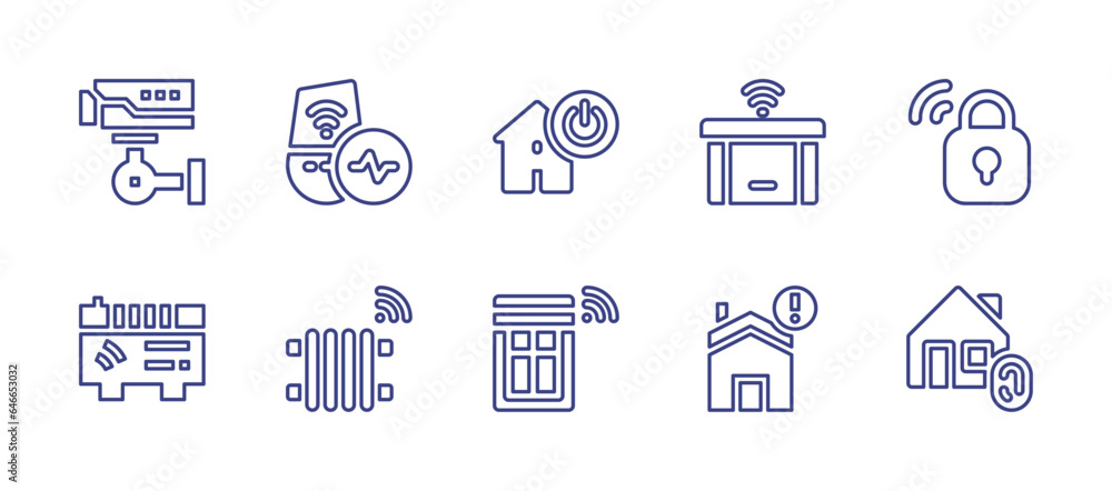 Smart house line icon set. Editable stroke. Vector illustration. Containing smart home, smart blind, smart garage, smart lock, home, house, cctv, speaker, heater, heating.