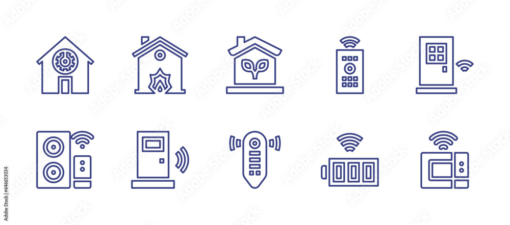 Smart house line icon set. Editable stroke. Vector illustration. Containing smart speaker, house, eco home, smart door, remote control, battery, microwave, controller.