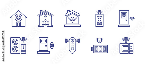 Smart house line icon set. Editable stroke. Vector illustration. Containing smart speaker  house  eco home  smart door  remote control  battery  microwave  controller.