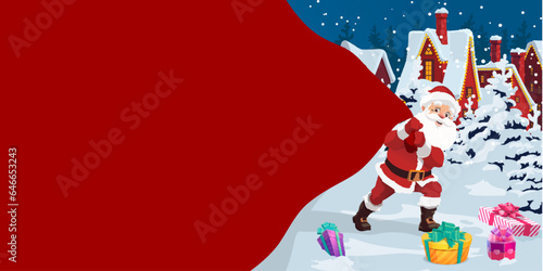 Cartoon Santa with big gifts bag in snowy town. Vector christmas seasonal greeting card with funny Father Noel pull huge sack delivering presents to kids at snow fall. Colorful happy new year frame