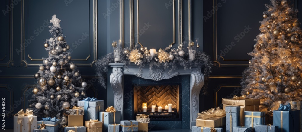 Family holiday concept with festive decorations, including a Christmas tree, fireplace, and beautifully wrapped gifts in golden and blue bows.