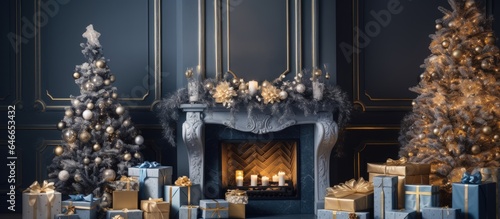 Family holiday concept with festive decorations, including a Christmas tree, fireplace, and beautifully wrapped gifts in golden and blue bows.