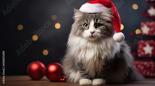 a photograph of cute happy smiling Norwegian Forest Cat wearing santa clause costume generative ai